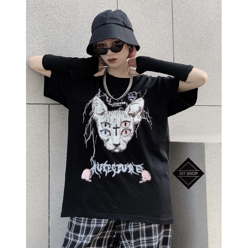 Áo phông hình mèo 4 mắt vải cotton thoáng mát form oversize