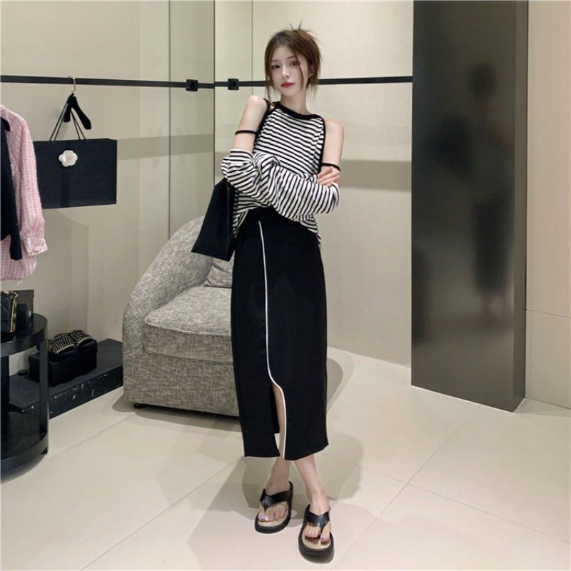 Jiashucheng Áo Thun Dài Tay Họa Tiết Sọc Ngang Thời Trang Dành Cho Nữ