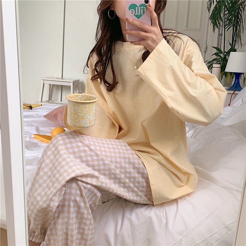 Bộ đồ ngủ áo sơ mi tay dài màu sắc đơn giản phong cách Hàn Quốc