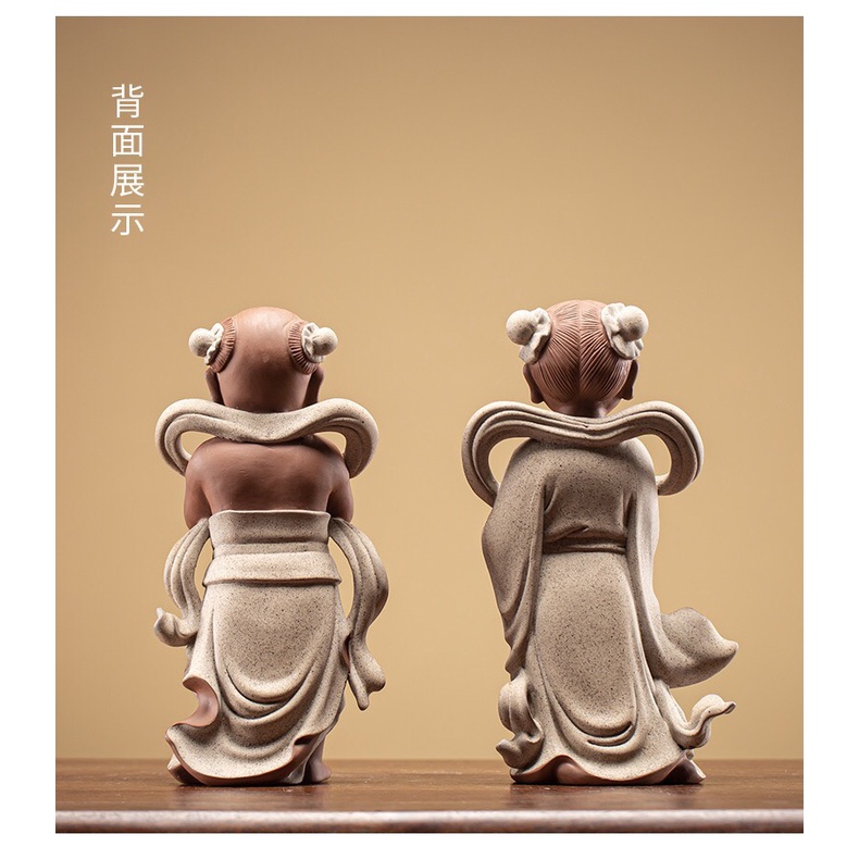 Tượng Tiên Đồng Ngọc Nữ gốm tử sa Cao Cấp- Tượng Tiểu đồng Nam nữ  decor trang trí tiểu cảnh thiền tịnh giá siêu tốt