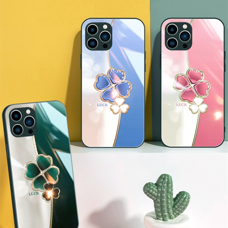 Ốp Điện Thoại Kính Cường Lực Cứng Họa Tiết Cỏ Ba Lá Cho iPhone 14 Pro Max 14 Plus X Xr Max Xr 13 12 11 promax