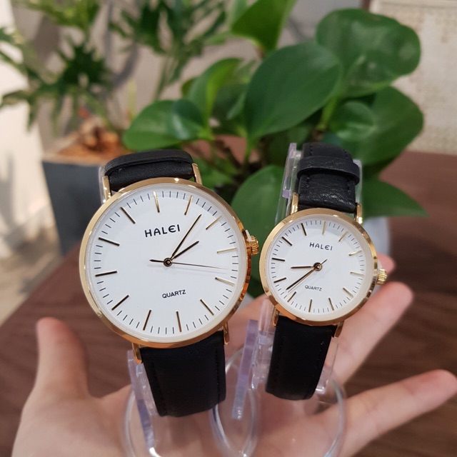 Đồng hồ đôi nam nữ Halei dây da đen mặt số vạch chống nước chống xước tuyệt đối 3atm Tony Watch 68
