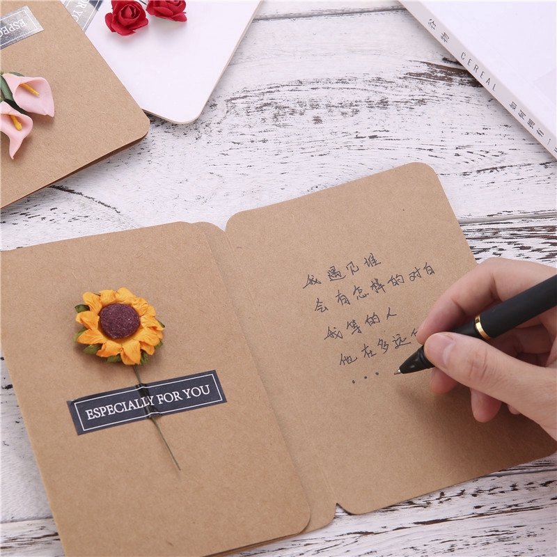 Thiệp Giấy Trang Trí Hoa Khô, Thiệp Handmade Giấy Kraft Vintage, Size Lớn 17 * 11 cm, Hai Bông Hoa Khô