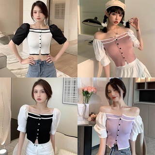 Áo Croptop Dệt Kim Tay Phồng Ngắn Cổ Vuông Kiểu Hàn Quốc Dễ Thương Cho Nữ
