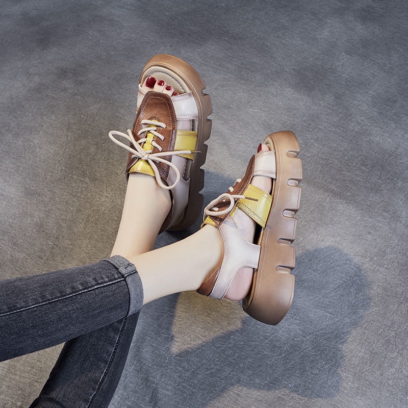 Giày Sandal Da Đế Dày Đục Lỗ Phối Màu Phong Cách Retro Thời Trang Đi Biển