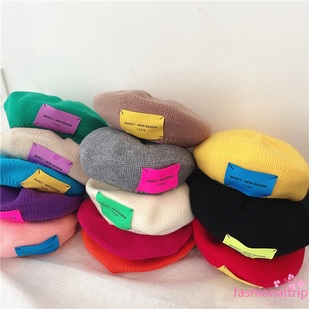 Mũ beret dệt kim in chữ thời trang thu đông cho bé 2-8 tuổi