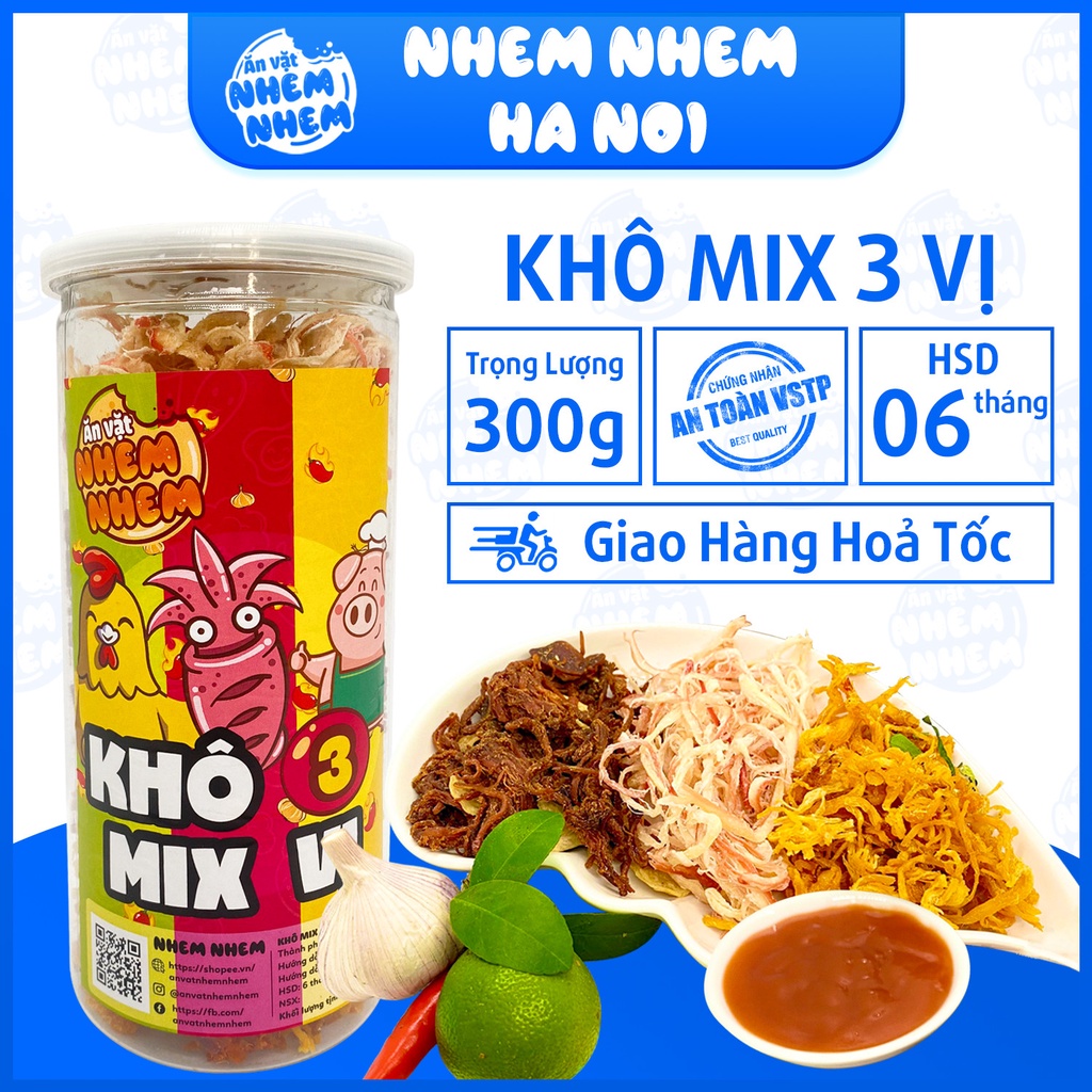 Khô mix 3 vị( Heo-Mực-Gà ) Nhem Nhem 300g Đồ ăn vặt Hà Nội vừa rẻ vừa ngon