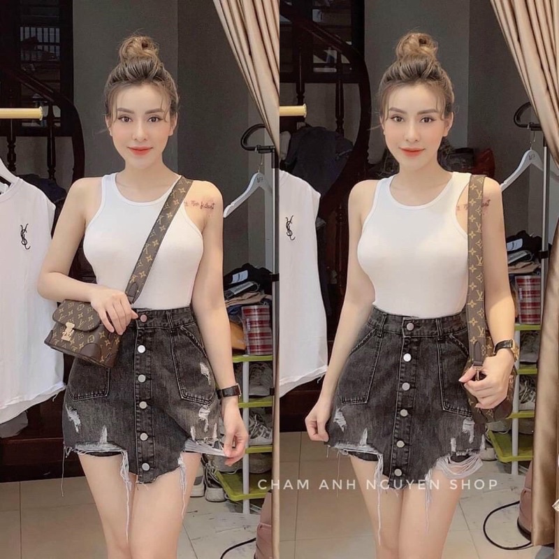 [Giá sỉ]: Quần bò rách giả váy cài cúc đứng