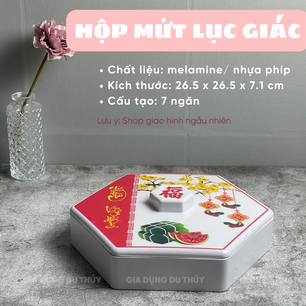 Hộp đựng mứt tết nhiều ngăn nhựa cao cấp họa tiết hoa đào, hoa mai, dưa hấu màu hồng màu đỏ
