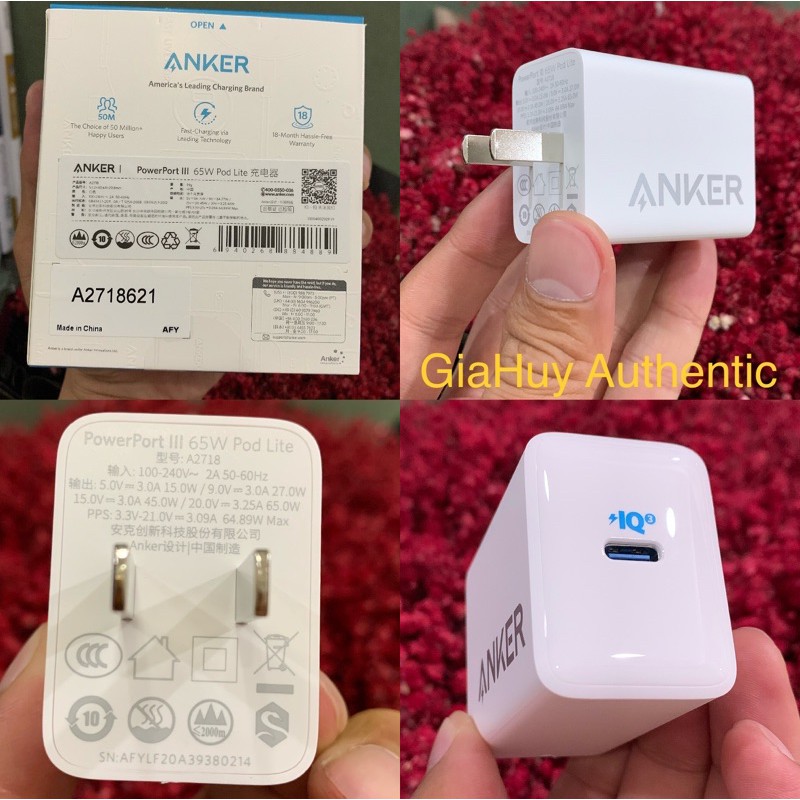 Củ sạc nhanh Macbook Pro, iPad Pro, iPhone 12, Note 10+, S20 ANKER A2718 PowerPort III Pod Lite 65W PIQ 3.0/ PPS/ PD 3.0