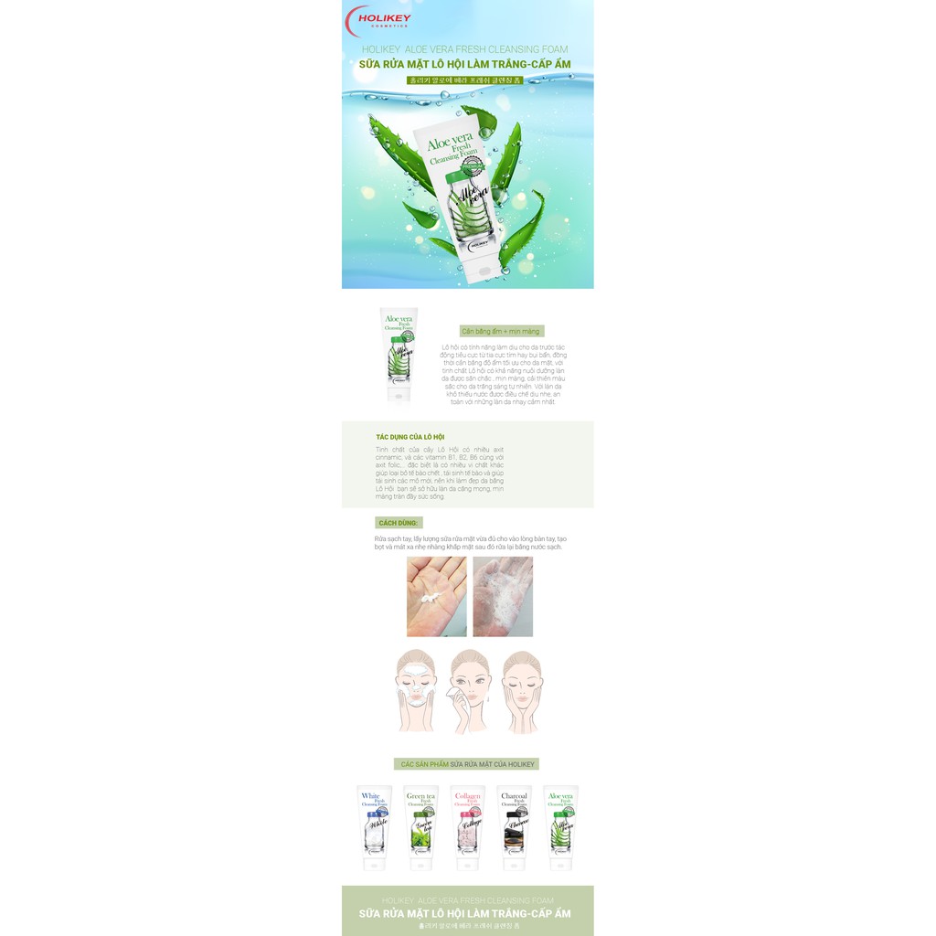 Sữa Rửa Mặt Lô Hội Làm Trắng Cấp Ẩm Holikey Aloe Vera Fresh Cleansing Foam 100ml