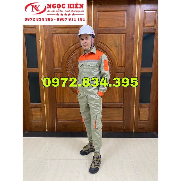 BỘ QUẦN ÁO BẢO HỘ MÀU GHI PHA CAM VẢI KAKI