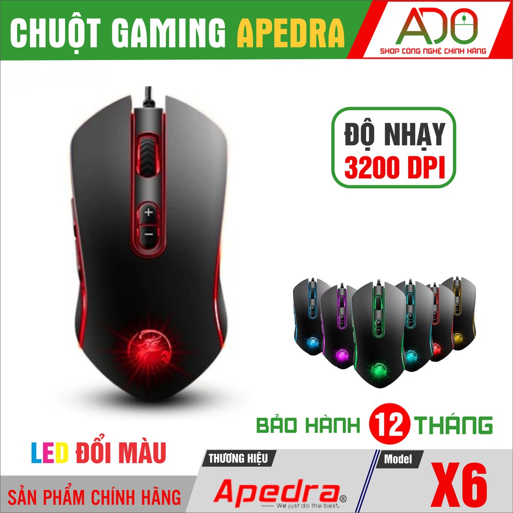 Chuột Gaming LED 7 màu Apedra X6 – Chuột gaming có dây CHÍNH HÃNG Độ nhạy max 3200 DPI – Bảo hành 12 tháng
