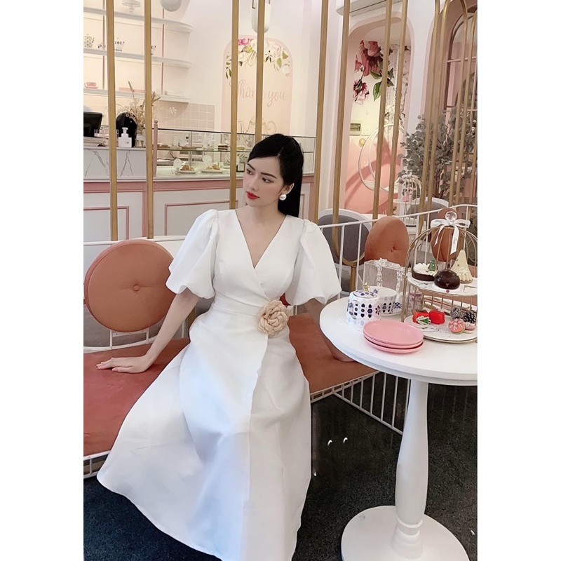 ĐẦM CHÉO NGỰC TAY BỒNG TRẮNG - ĐỎ