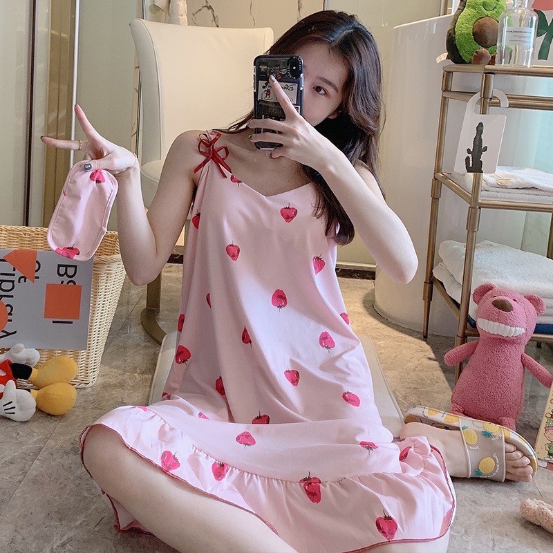 Váy Đầm ngủ 2 dây⚡️FREESHIP⚡️ Đồ ngủ hoạ tiết dâu tây xinh, Đồ mặc nhà dễ thương vải đẹp thoáng mát