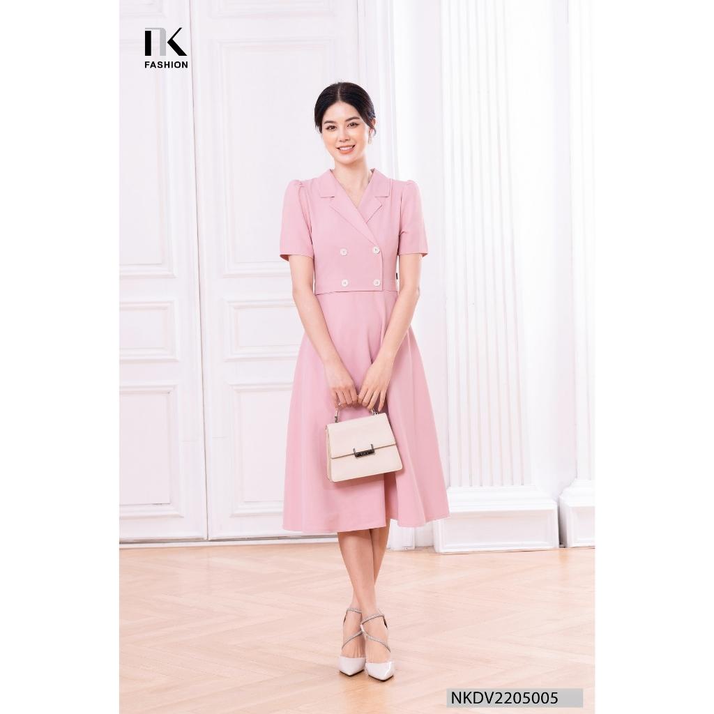 Đầm Thiết Kế Dáng Xòe Cổ Vest NK Fashion Tay Ngắn Phối Cúc Thanh Lịch, Chất Vải Nhập Hàn Dày Dặn Mềm Mát NKDV2205005