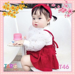 Set yếm đỏ và áo tay phồng bé gái