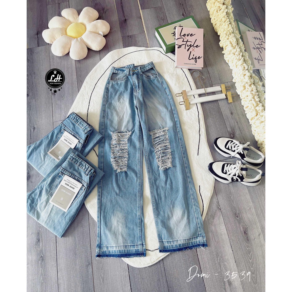 Quần jean nữ ống rộng, quần bò màu xanh loang rách khoét eo siêu cá tính Lê Huy Fashion MS 3539