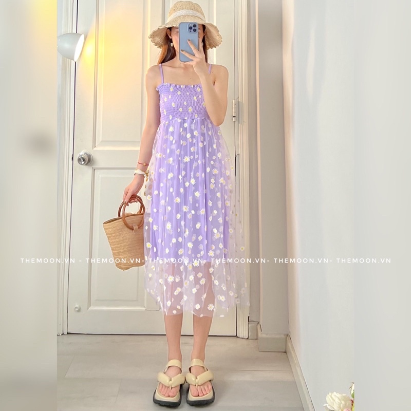 Đầm 2 dây nữ dáng midi 2s hoạ tiết hoa cúc tím mặc mùa hè màu tím