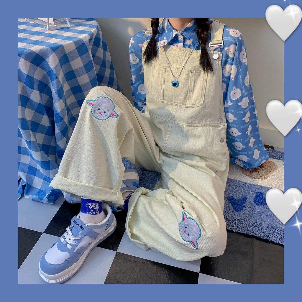 (ord) set ulzzang phong cách hàn quốc, quần yếm jeans trắng, quần yếm cừu dễ thương