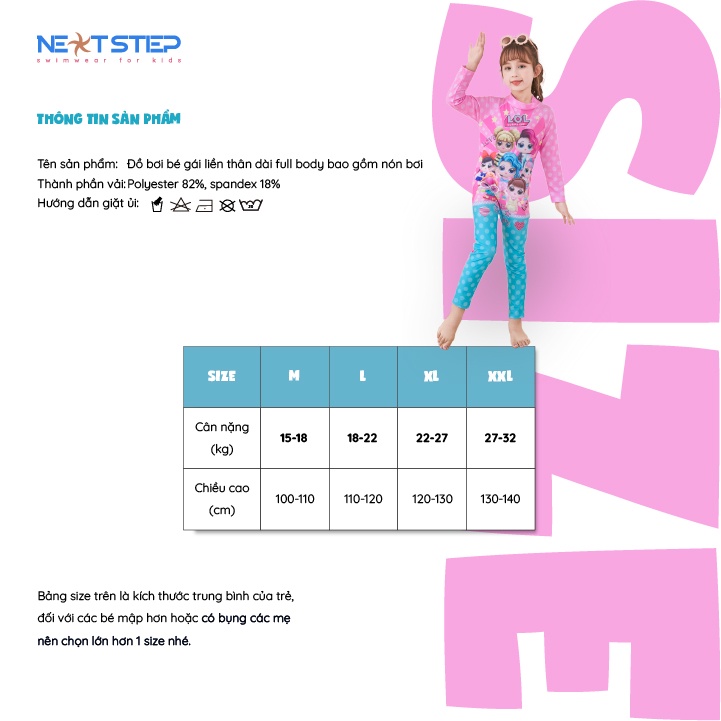 Đồ bơi trẻ em , đồ bơi bé gái | liền thân dài full body chống nắng bao gồm nón bơi họa tiết kỳ lân size cho bé đến 30kg