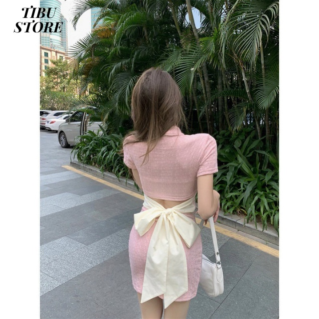 Đầm Body Cổ Tàu Hở Lưng TIBU, Váy Nữ Ôm Dáng Sexy Phối Nơ Sau Lưng Cực Xinh