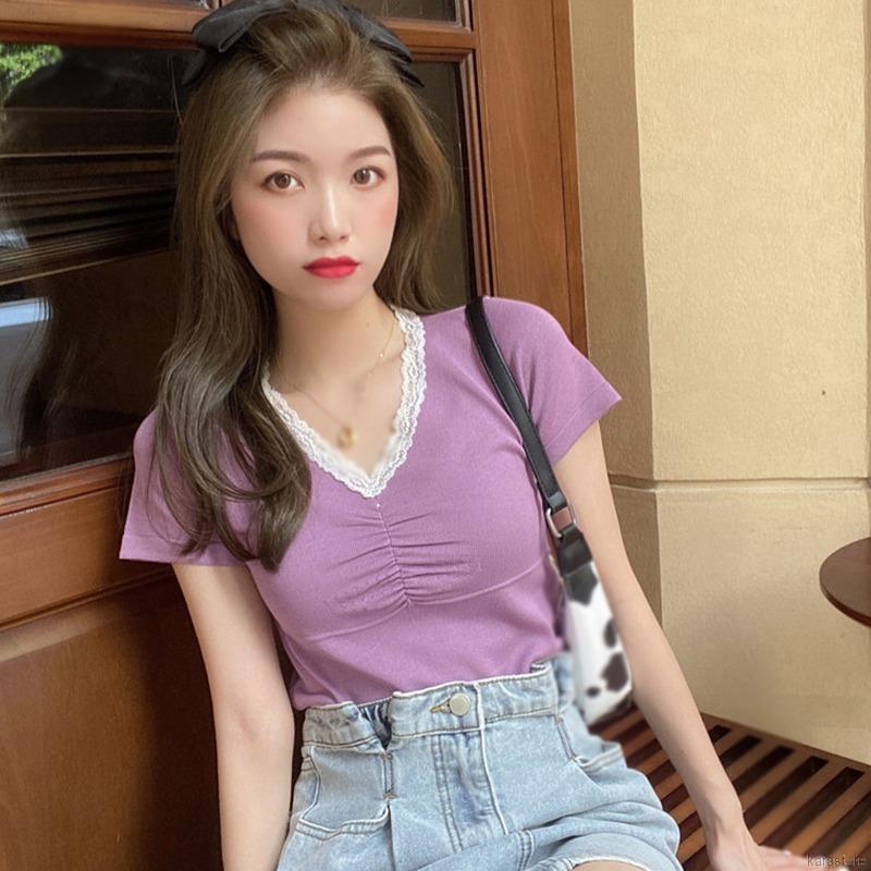 Áo Dệt Kim Tay Ngắn Cổ Chữ V Phối Ren Màu Trơn Ngọt Ngào | BigBuy360 - bigbuy360.vn