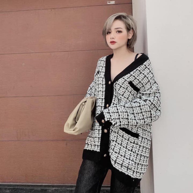Áo khoác cardigan caro kẻ viền đen