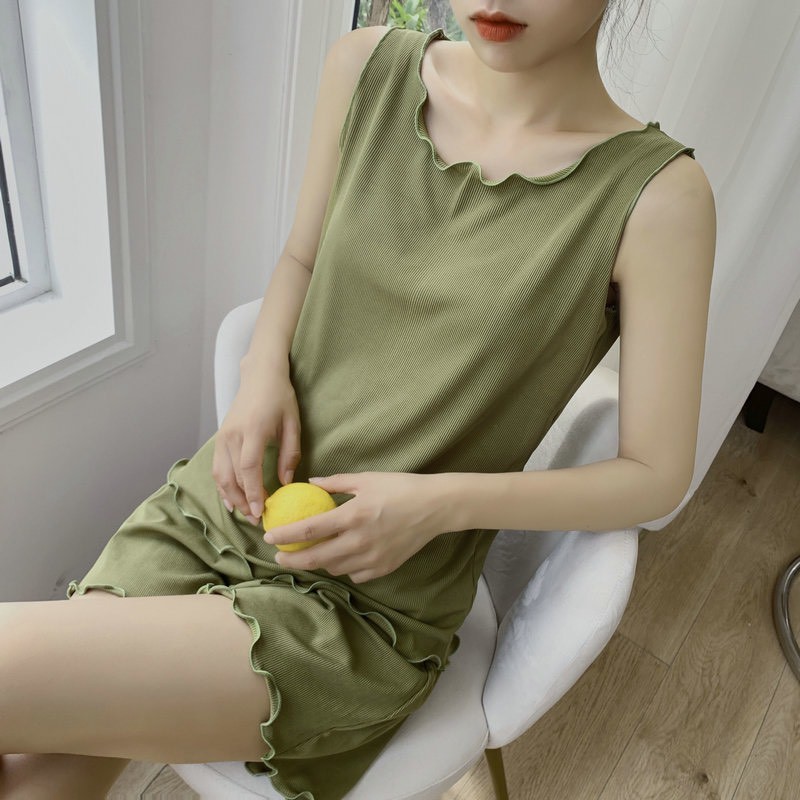 Bộ quần áo ngủ sát nách cộc tay màu hè chất cotton tăm mát thấm hút mồ hôi | BigBuy360 - bigbuy360.vn