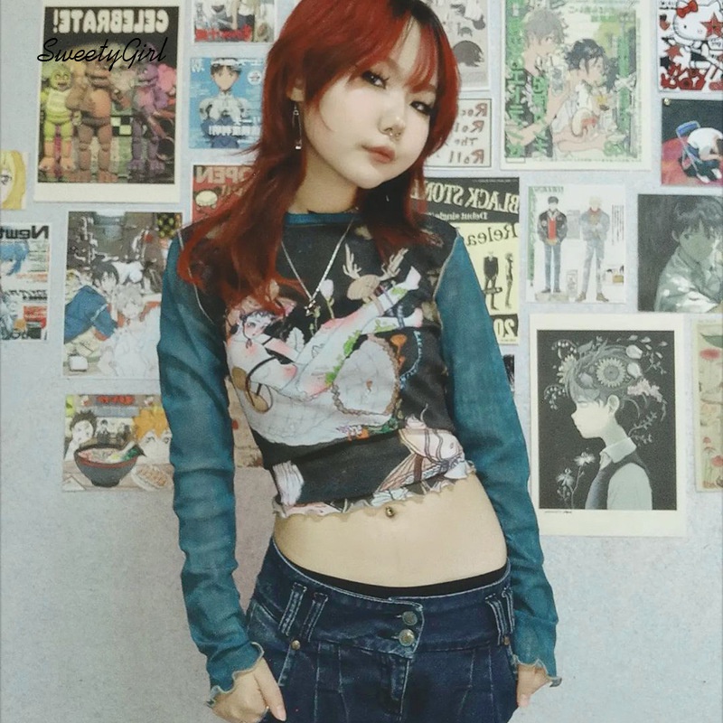 Áo Thun Tay Dài Cổ Tròn Ôm Eo In Họa Tiết Hoạt Hình Thời Trang 2022 Cho Nữ