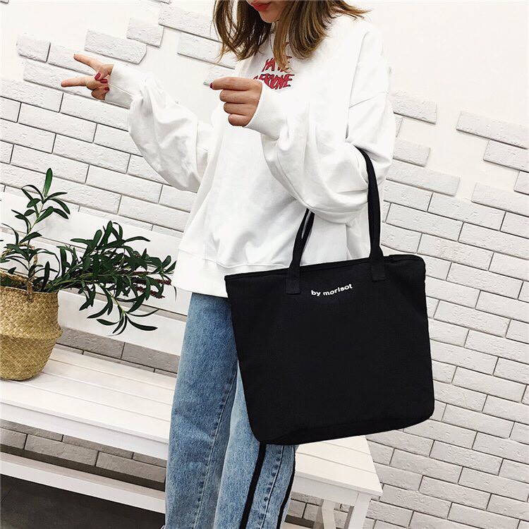 Túi tote vải đựng đồ vải canvas mềm Hàn Quốc cao cấp có khóa miệng ngăn phụ