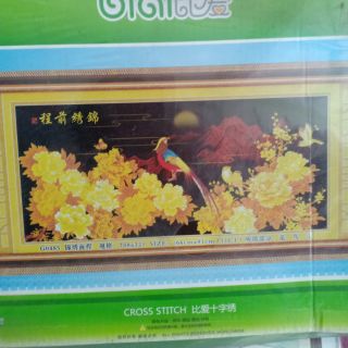 Tranh thêu chữ thập 3d hoa mẫu đơn dưới trăng tuyệt kt 166*81cm(hình thật)