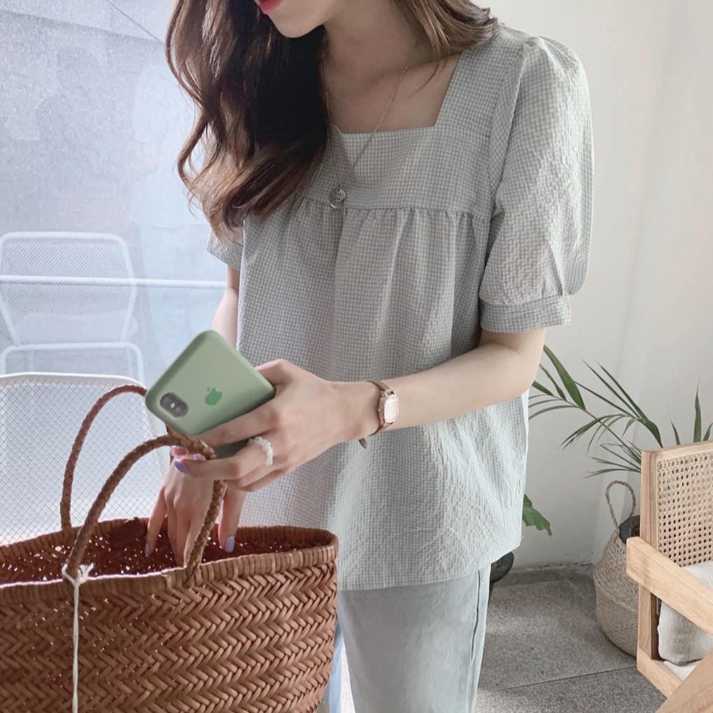 Áo Kiểu Tay Phồng Cổ Vuông Đơn Giản Thanh Lịch Cho Nữ 34076