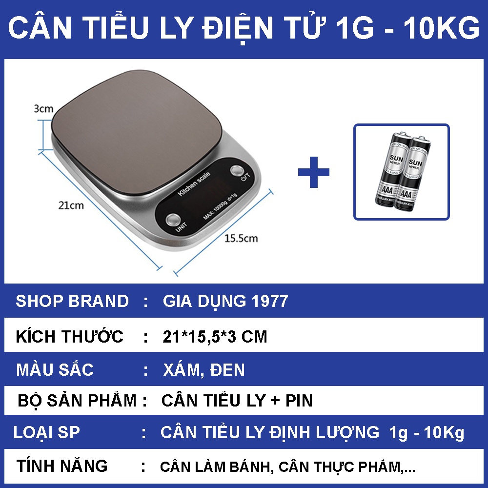 Cân tiểu ly điện tử nhà bếp mini định lượng 1g - 5kg, Cân tiểu ly làm bánh độ chính xác cao tặng kèm pin