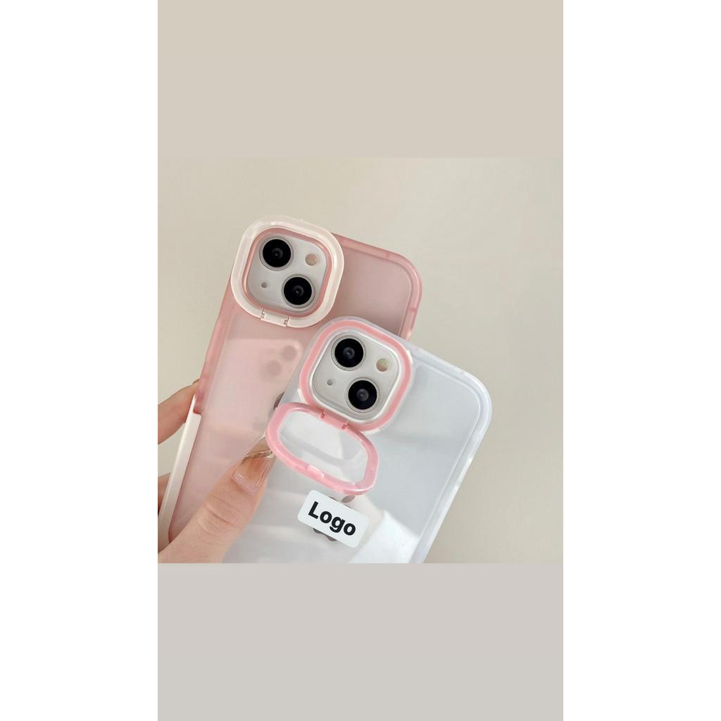 ỐP IPHONE FULL VIỀN TRẮNG HỒNG TRONG SUỐT CÓ GIÁ ĐỠ