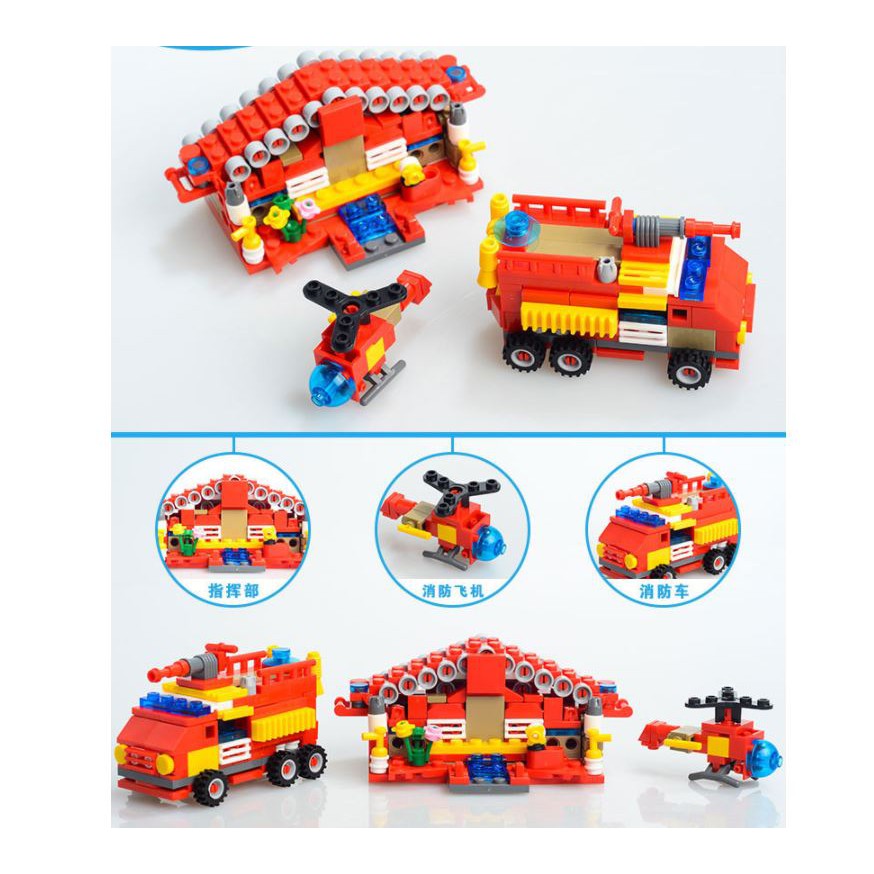 [544 CHI TIẾT] Bộ Đồ Chơi Lắp Ráp Xếp Hình Xe cứu hỏa, Xe chưa cháy, cảnh sát cứu hỏa 16 in 1