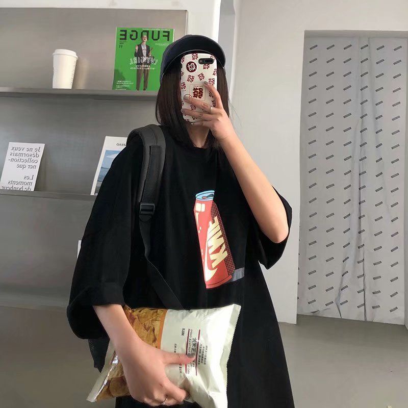 Áo thun cổ tròn dáng rộng tay lỡ in hình phong cách harajuku thời trang cá tính 19113