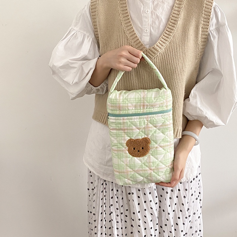 Túi Xách Cotton Chống Sốc Có Khóa Kéo Họa Tiết Gấu Dễ Thương Cho Nữ