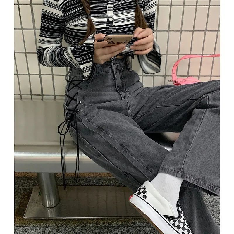 Jiashucheng Quần Jeans Nữ Dài Lưng Cao Dáng Rộng Thời Trang Cá Tính