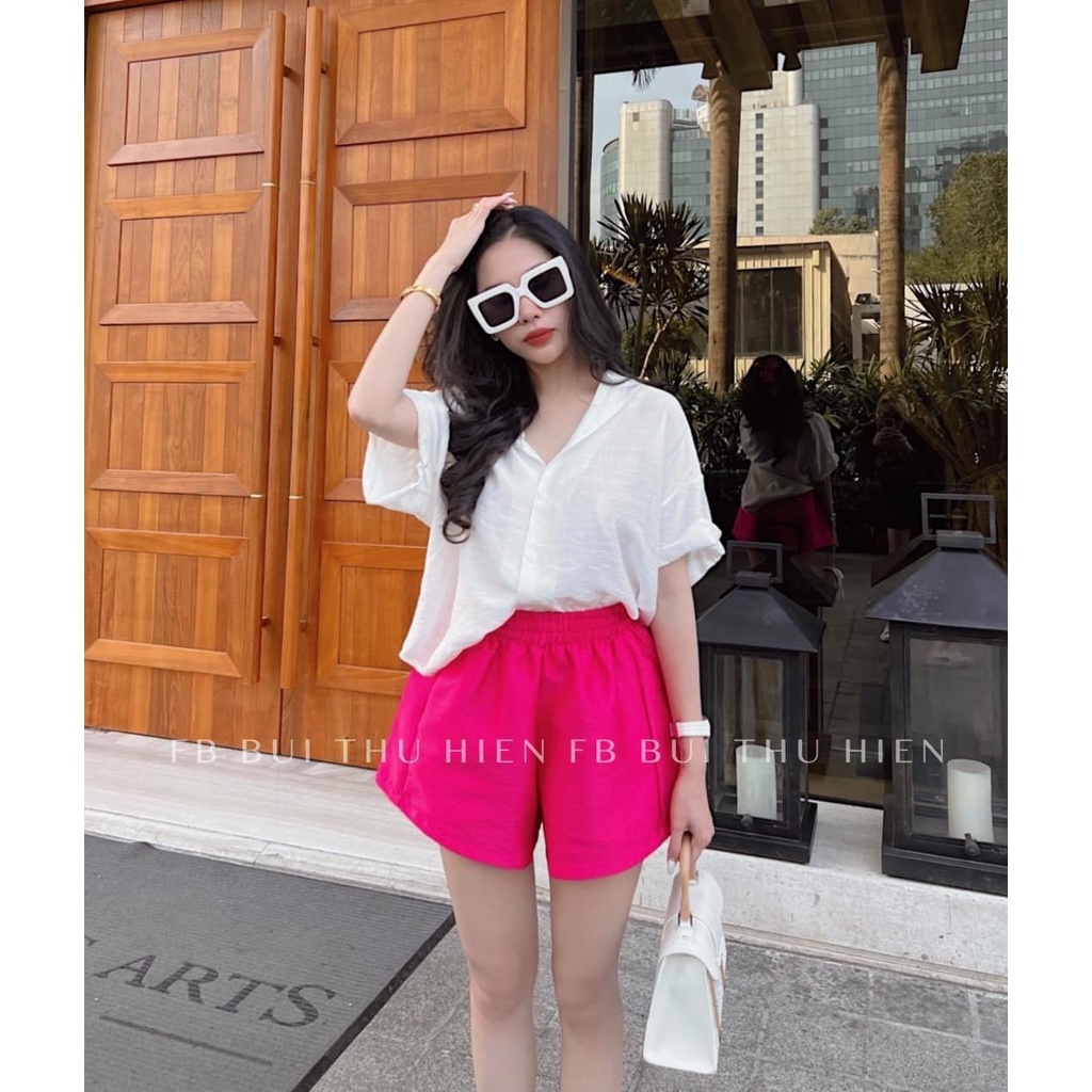 Set sơ mi đũi xước tay thụng quần đùi hồng DN602