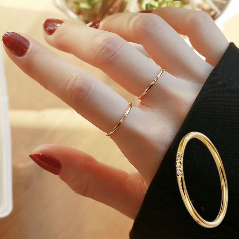 Nhẫn Titan Mạ Vàng 18k Đính Đá Kim Cương Đơn Giản Thời Trang Phong Cách Hàn Quốc Cho Nữ
