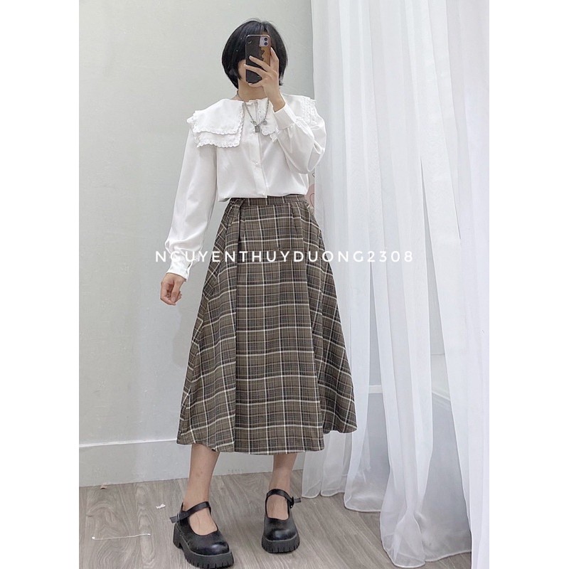 [Ảnh thật/Sẵn]Chân váy kẻ caro dáng dài vintage/Chân váy dài xoè Ulzzang style