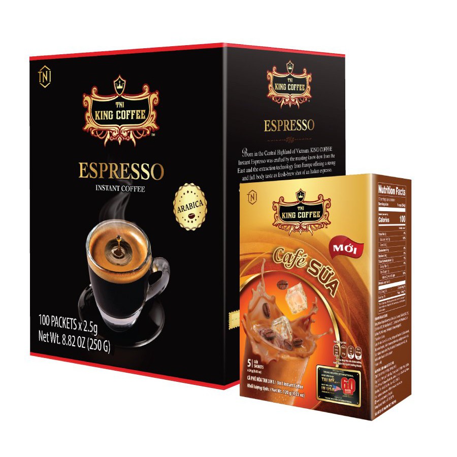 Combo 1 Cà Phê Đen Hòa Tan Espresso KING Coffee - Hộp 100gói x 2.5g + 1 Cà Phê Sữa Hòa Tan KING Coffee - Hộp 10gói x24g