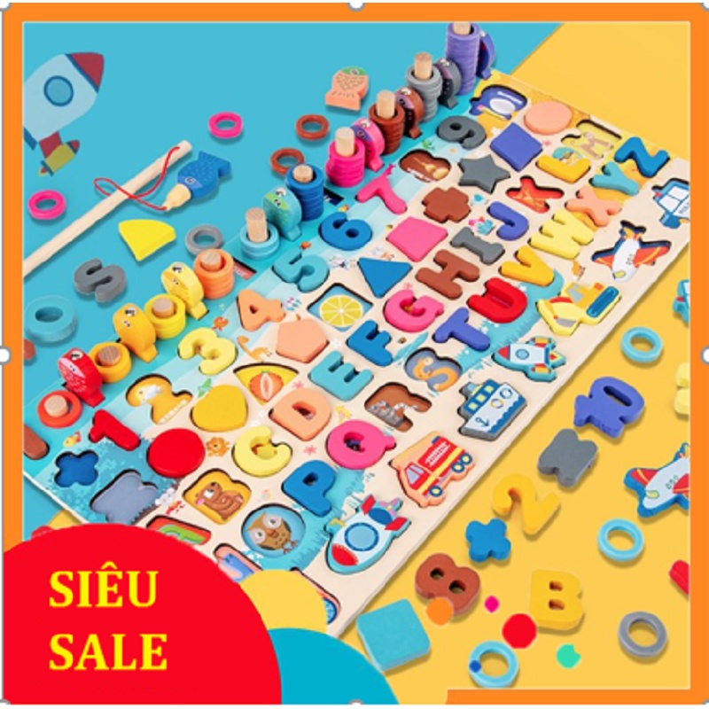 {SIÊU HOT} Bộ đồ chơi xếp chữ câu cá gỗ đa năng 6in1 ghép bảng số, chữ cái, hình khối, phương tiện giao thông