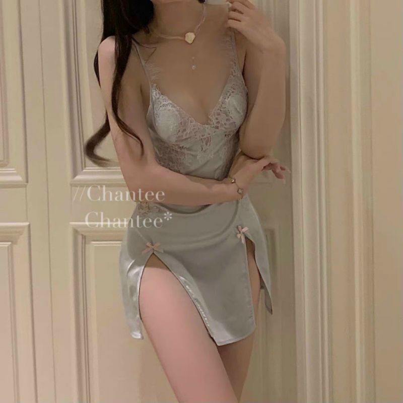 Váy ngủ sexy xẻ tà phối ren ngực kiểu dáng mới _ đầm mặc nhà ngủ nhà quyến rũ quảng châu cao cấp hàng sẵn