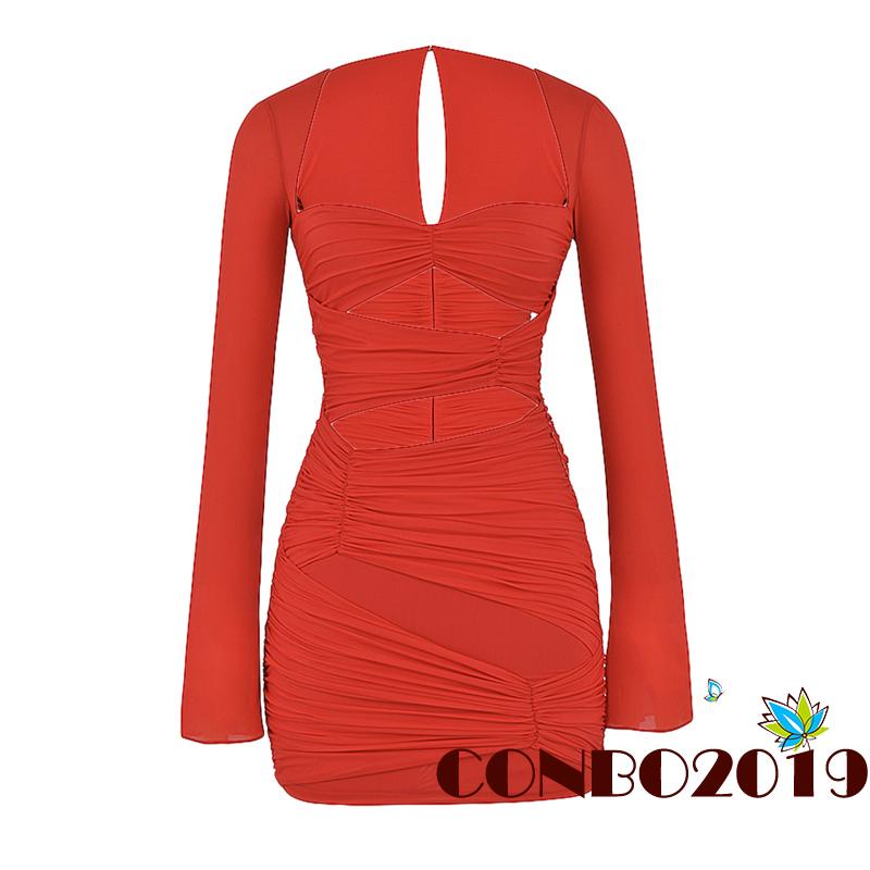 Hgm-đầm Tay Dài Ôm Dáng Màu Trơn Khoét Lỗ Trang Trí Mùa Xuân Cho Nữ