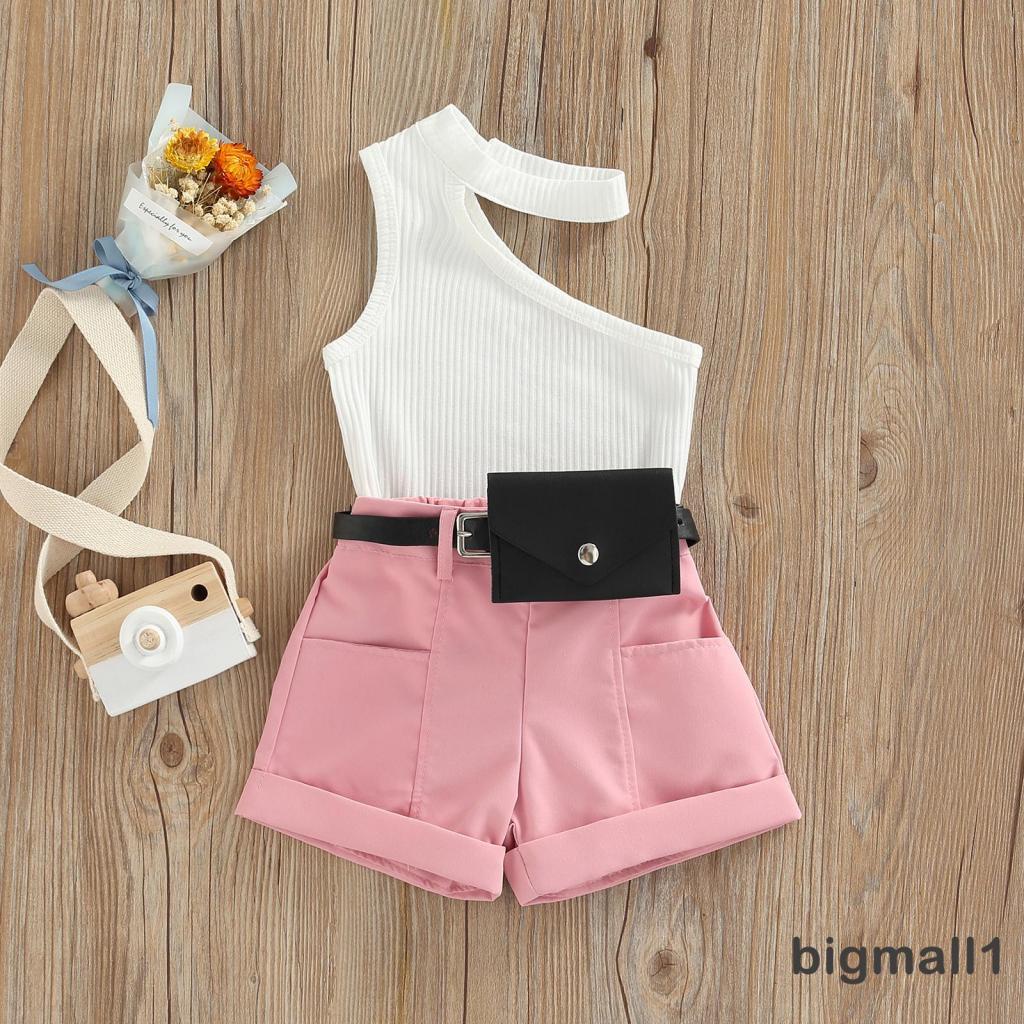 BIGMALL-6months-4years Baby Girl Tanks Tops + Shorts + Waist Bag, Pockets Decoration Casual Style Summer Clothing Set