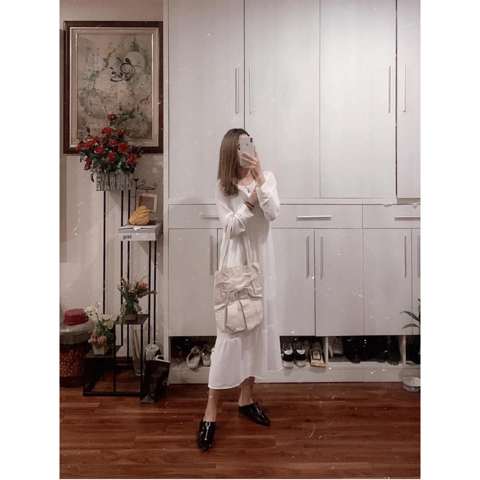 💃 Đầm Midi Trắng Viền Tầng Dài Tay 2 Màu | BigBuy360 - bigbuy360.vn