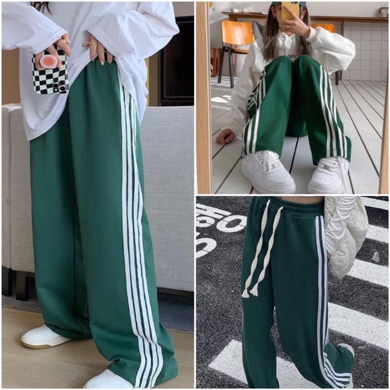 [NEW] Quần ống rộng 4 sọc Xanh Unisex, quần dài cạp chun có dây rút điều chỉnh eo chất nỉ da cá co dãn dày dặn mặc 4 mùa