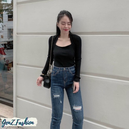 ⭕️ [CÓ HÌNH/VIDEO THẬT - HÀNG CAO CẤP] Áo Len Tăm Dài Tay Cổ Vuông Chéo_Mã CD015_GenZ Fashion